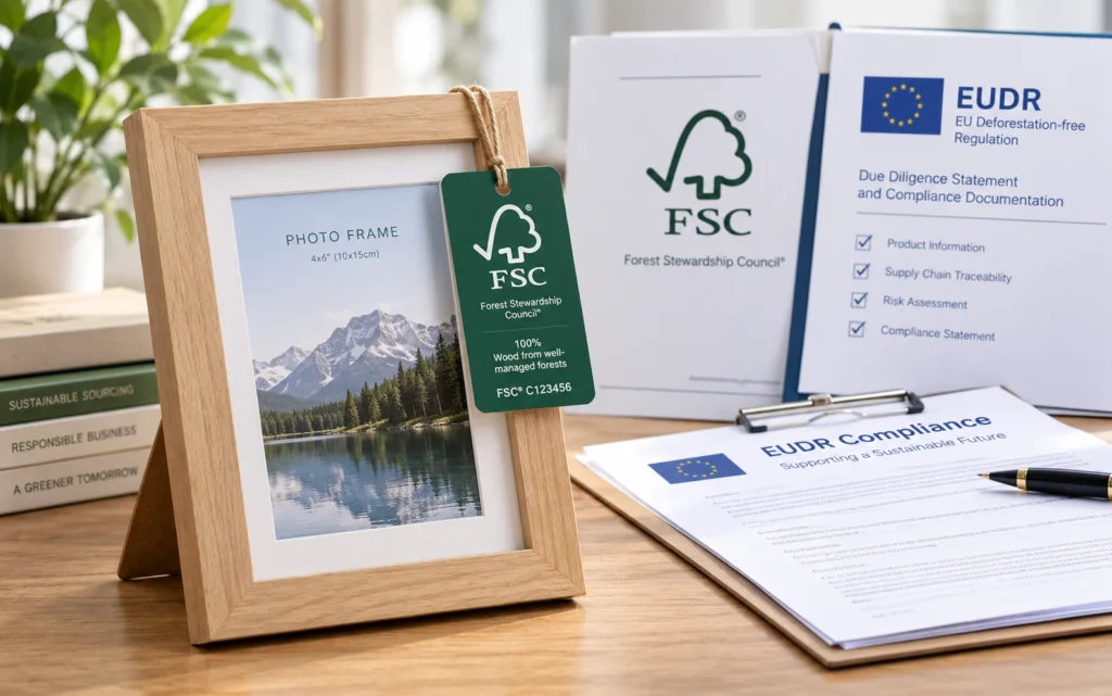 FSC-certified wooden photo frame with compliance tag, EUDR documentation folder, and sustainability-themed books on a wooden desk.