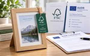 FSC-certified wooden photo frame with compliance tag, EUDR documentation folder, and sustainability-themed books on a wooden desk.