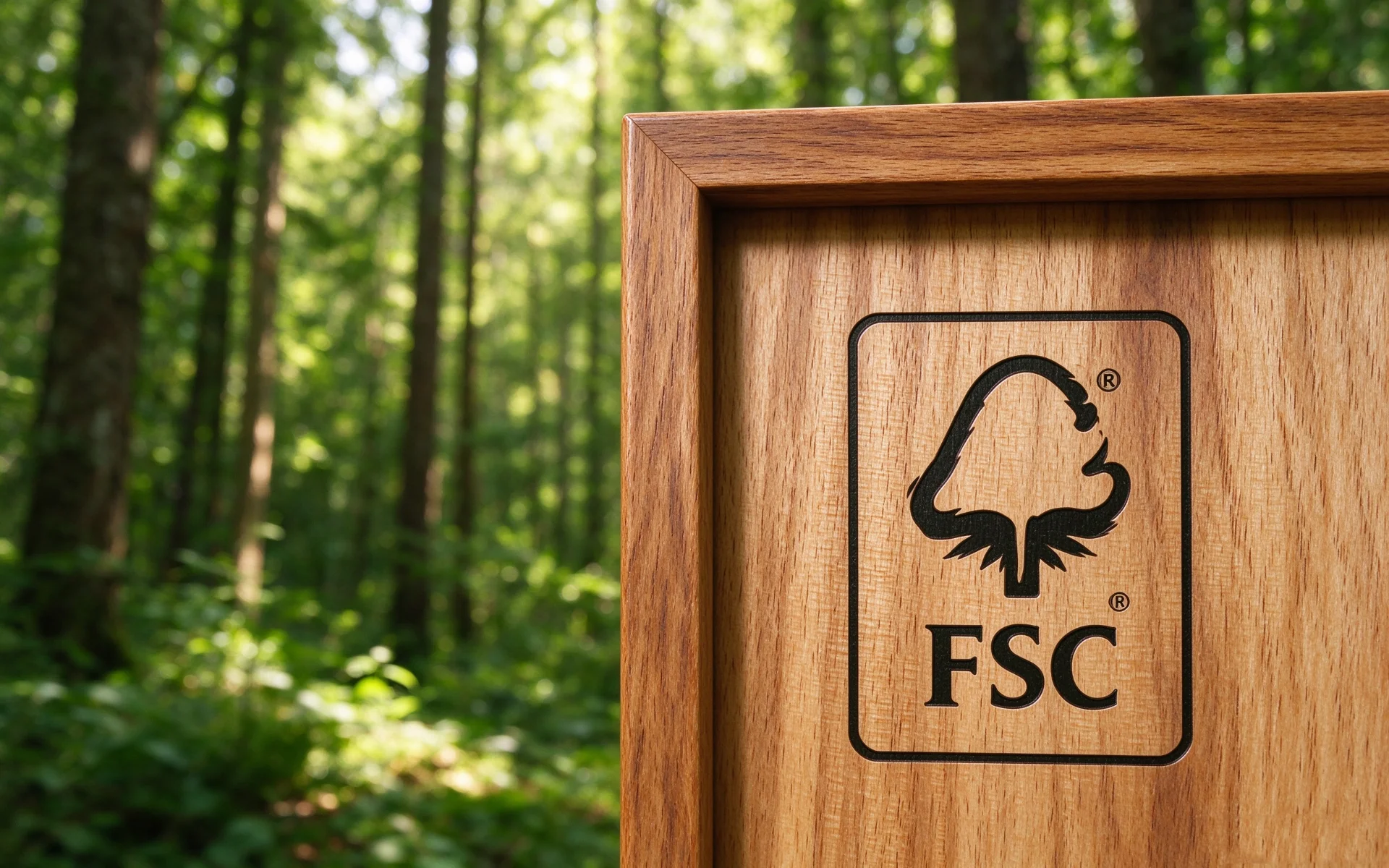 A photo of an FSC-certified logo on a wooden photo frame, with a forest in the background.