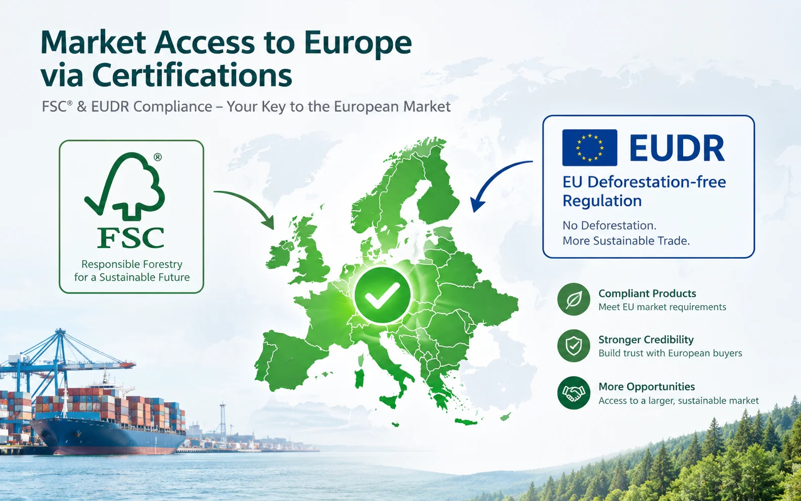 Market Access to Europe via Certifications A map of Europe with a green checkmark, with FSC and EUDR logos pointing to it.