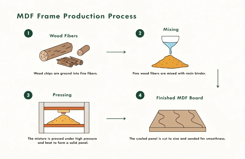 An infographic showing the process: wood fibers -> mixing with resin -> pressing with heat -> finished MDF board.