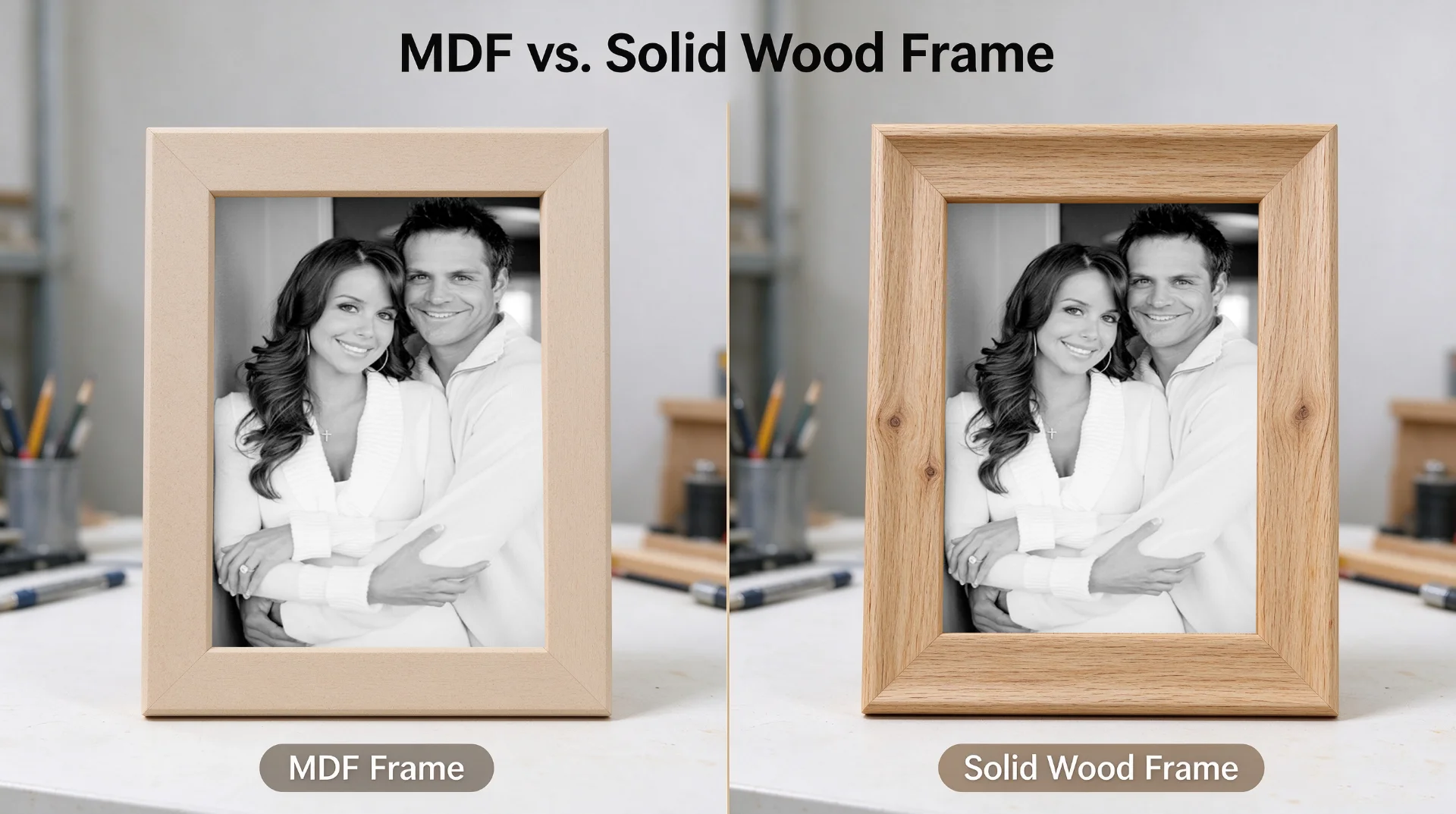 A side-by-side comparison showing the uniform surface of an MDF frame next to the natural grain and knots of a solid wood frame.