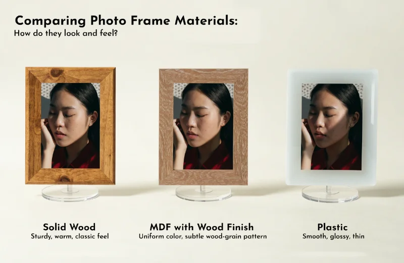 A side-by-side comparison of three frames: one solid wood, one MDF with a wood finish, and one plastic.