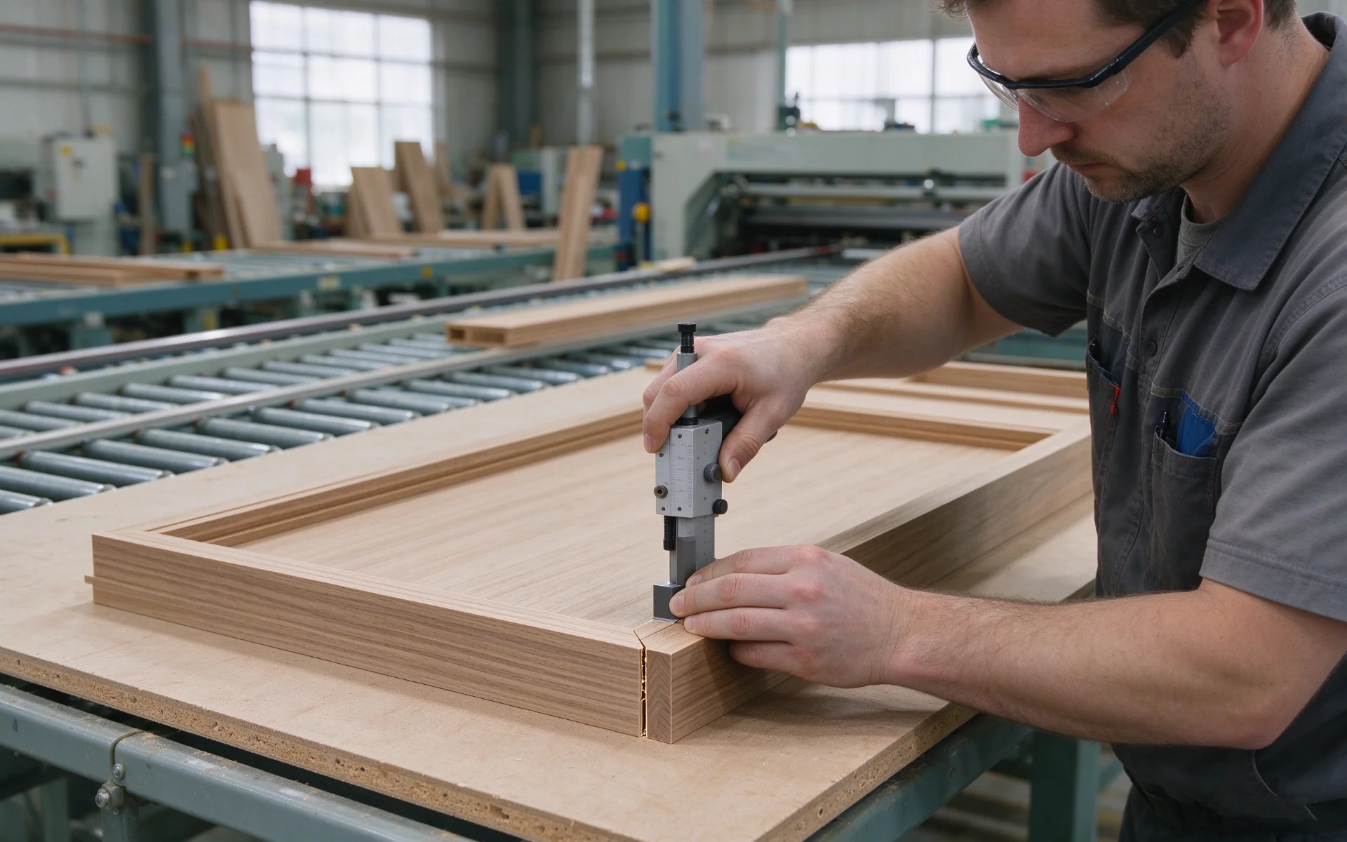 A quality control inspector carefully checking the corners of a wooden frame on a production line.