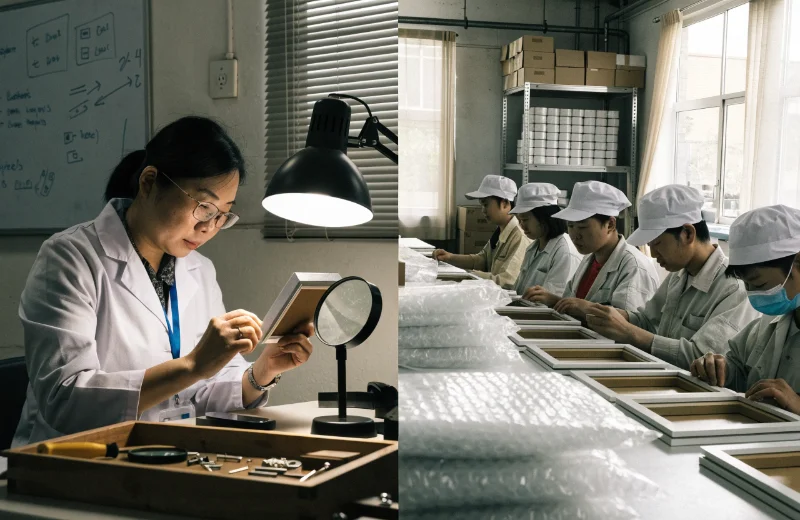 A skilled Chinese QC manager inspecting frames, contrasted with a less organized assembly line elsewhere.