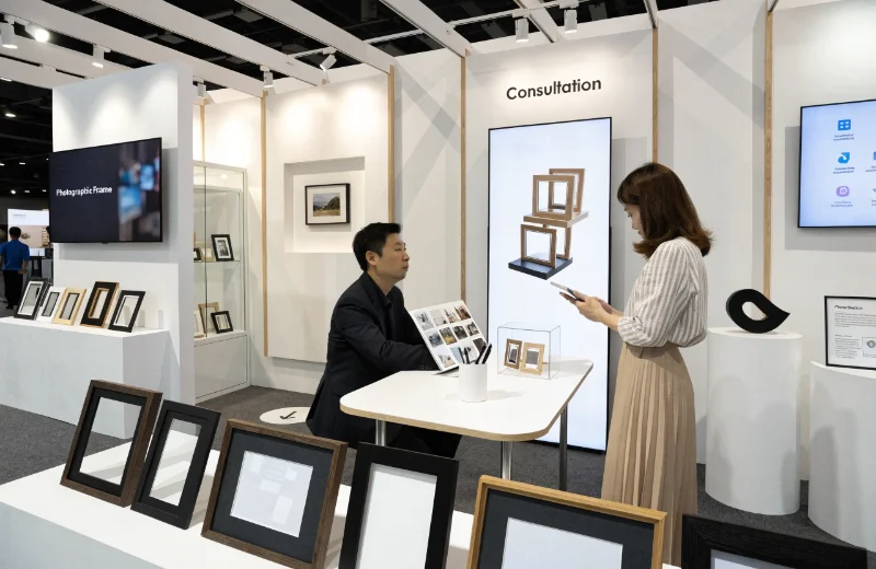 Consultative Booth Design at a Trade Fair A spacious and minimalist booth with a few well-lit hero products, a large screen, and a comfortable seating area for meetings.