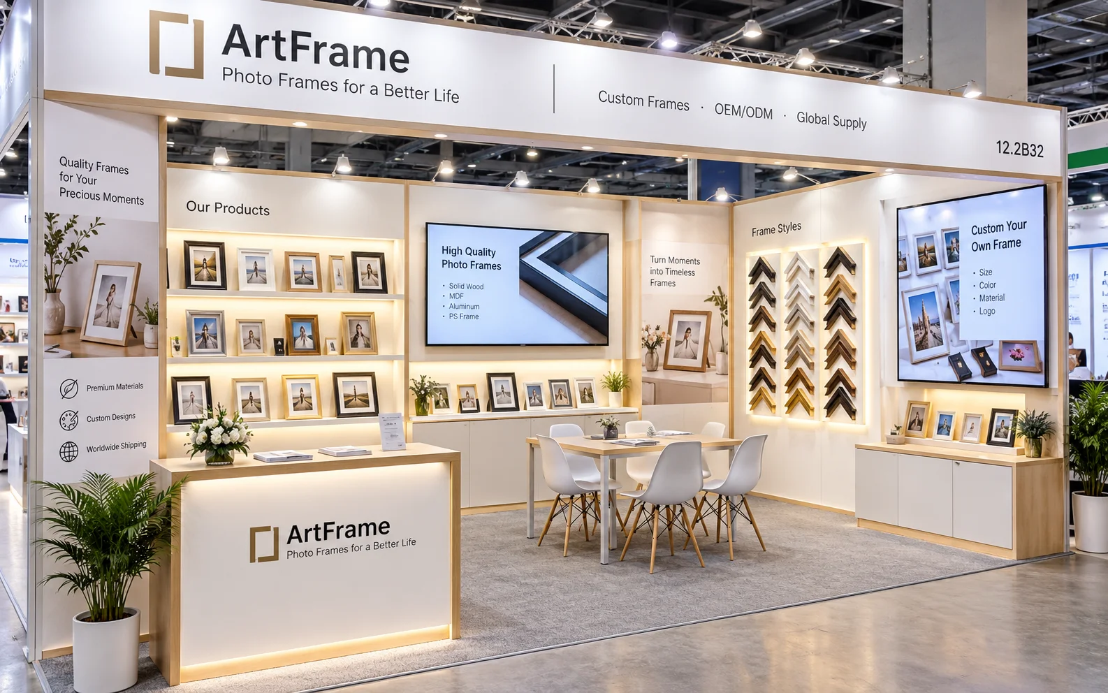 Modern Canton Fair Booth for Photo Frames A modern, clean exhibition booth for a photo frame company with a consultation table and screens showing product details.