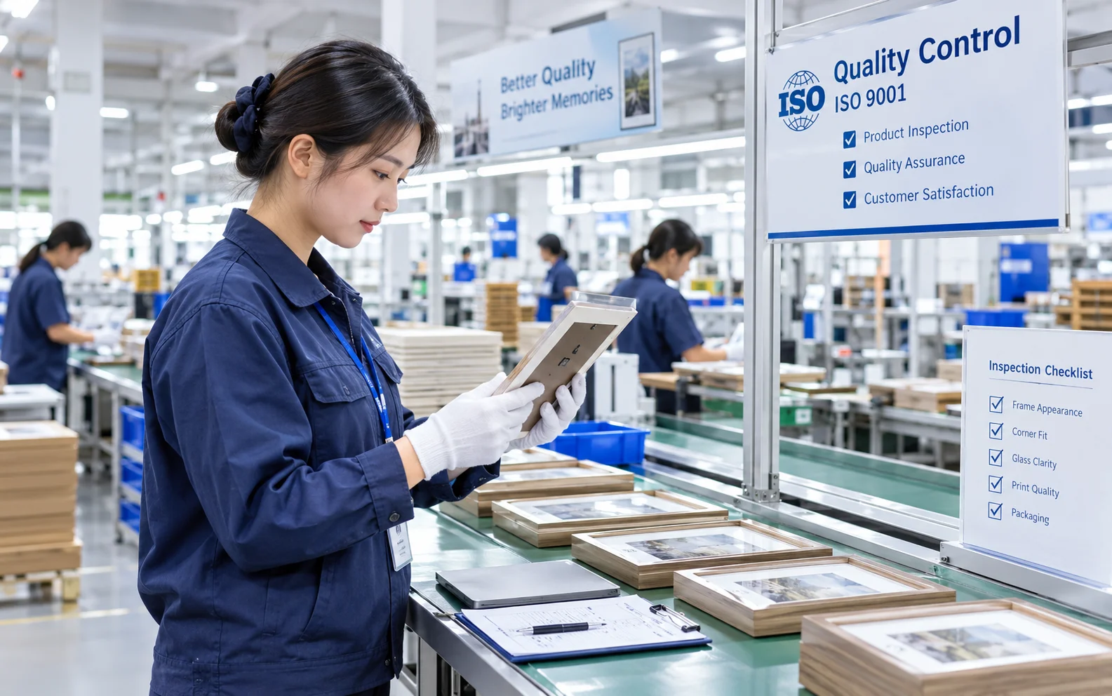 ISO 9001 Quality Control in Action An image showing a quality inspector checking a photo frame at a specific point on a clean, organized production line.