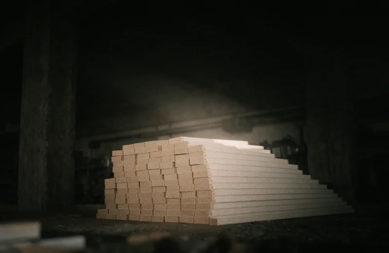 A close-up shot of a neatly stacked pile of MDF photo frame profiles ready for assembly in a factory.