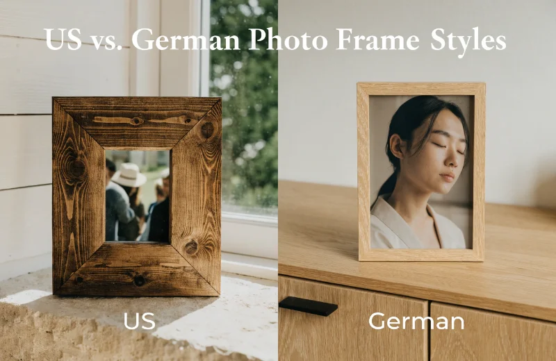 A split image showing a rustic farmhouse frame on one side and a sleek, minimalist oak-finish frame on the other.