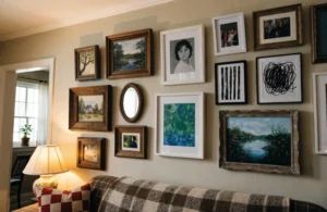 A cozy living room wall featuring a gallery of diverse photo and art frames in various styles and sizes above a sofa.
